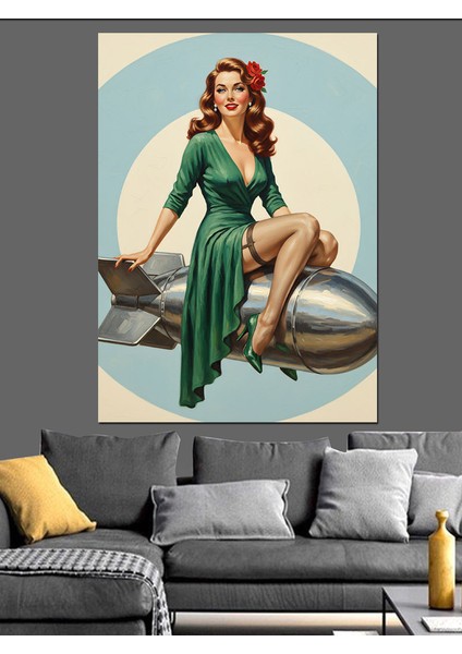 Turkuaz Elbiseli Retro Vintage Kadın Dekoratif Kanvas - Mdf Ahşap Tablo modelleri