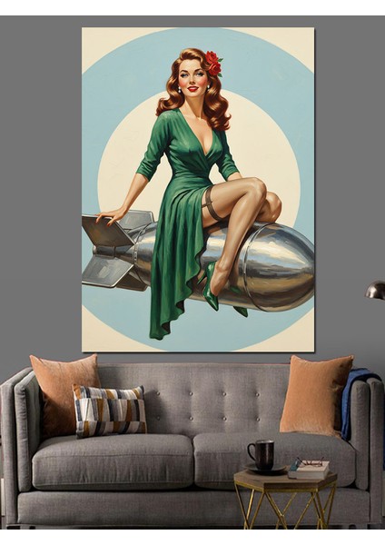 Turkuaz Elbiseli Retro Vintage Kadın Dekoratif Kanvas - Mdf Ahşap Tablo fırsatları