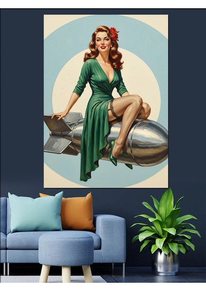 Turkuaz Elbiseli Retro Vintage Kadın Dekoratif Kanvas - Mdf Ahşap Tablo indirimleri