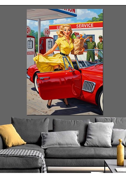 Sarı Elbiseli Kadın Kırmızı Antika Araba Dekoratif Kanvas - Mdf Ahşap Tablo