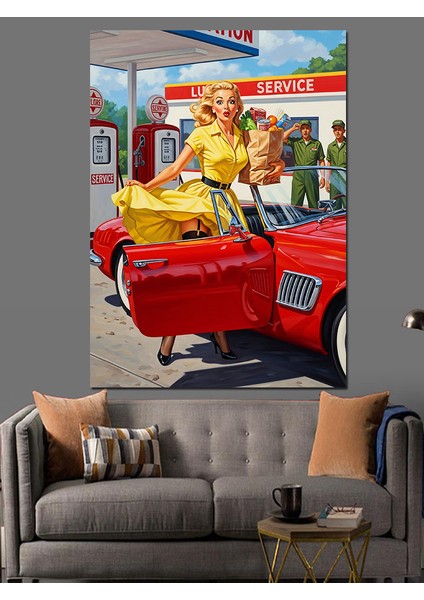 Sarı Elbiseli Kadın Kırmızı Antika Araba Dekoratif Kanvas - Mdf Ahşap Tablo fiyatları