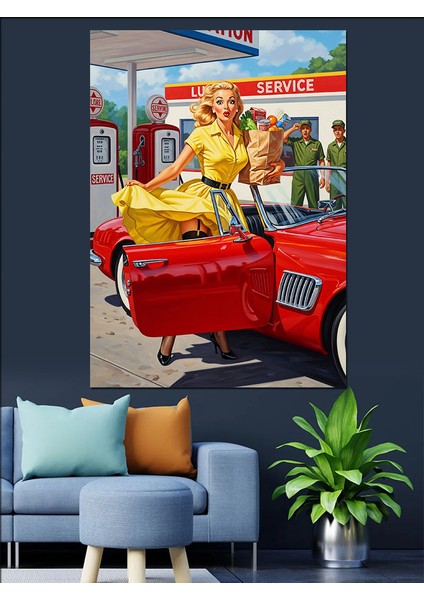 Sarı Elbiseli Kadın Kırmızı Antika Araba Dekoratif Kanvas - Mdf Ahşap Tablo modelleri