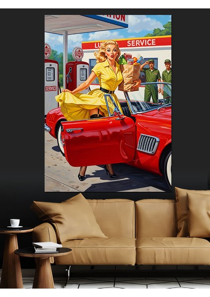 Sarı Elbiseli Kadın Kırmızı Antika Araba Dekoratif Kanvas - Mdf Ahşap Tablo fırsatları