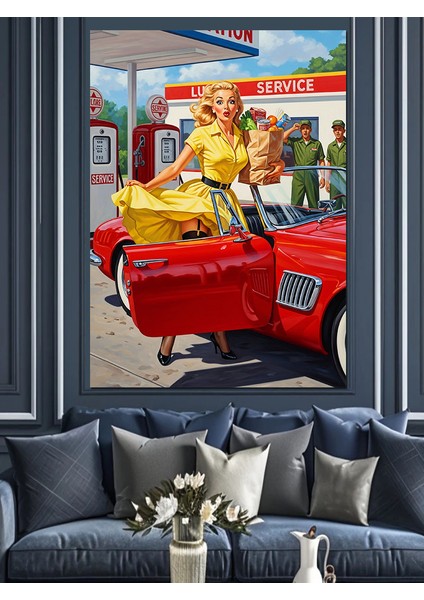 Sarı Elbiseli Kadın Kırmızı Antika Araba Dekoratif Kanvas - Mdf Ahşap Tablo indirimleri