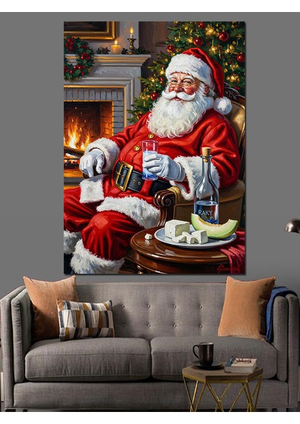 Şömine Başında Noel Baba Dekoratif Kanvas - Mdf Ahşap Tablo