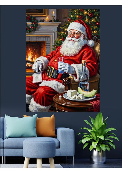 Şömine Başında Noel Baba Dekoratif Kanvas - Mdf Ahşap Tablo fiyatları