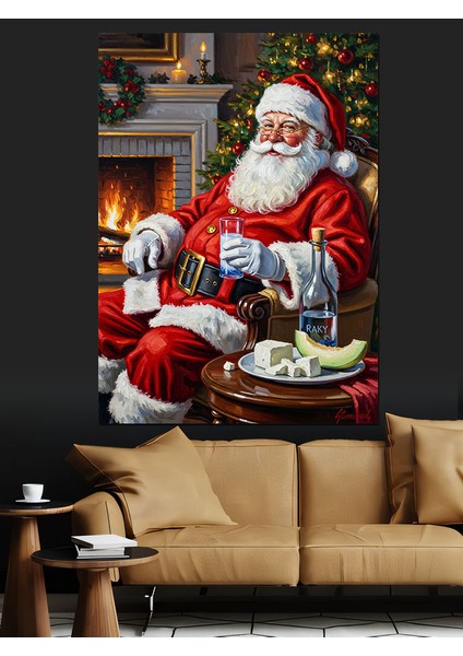 Şömine Başında Noel Baba Dekoratif Kanvas - Mdf Ahşap Tablo modelleri