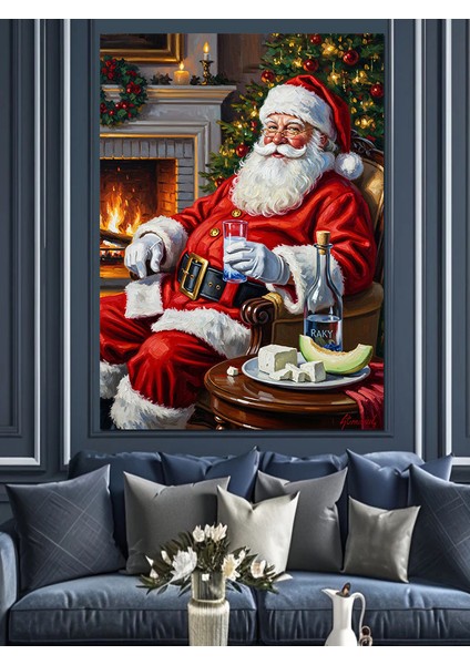 Şömine Başında Noel Baba Dekoratif Kanvas - Mdf Ahşap Tablo fırsatları