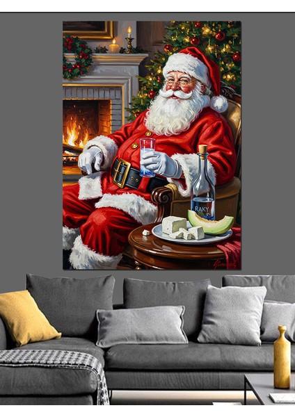 Şömine Başında Noel Baba Dekoratif Kanvas - Mdf Ahşap Tablo indirimleri