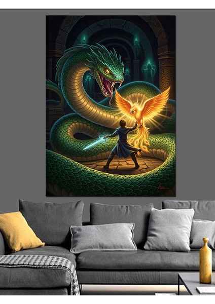 Ejderha Yılan ve Anka Kuşu Sanat Dekoratif Kanvas - Mdf Ahşap Tablo
