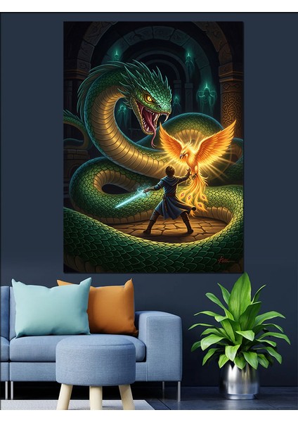 Ejderha Yılan ve Anka Kuşu Sanat Dekoratif Kanvas - Mdf Ahşap Tablo fırsatları
