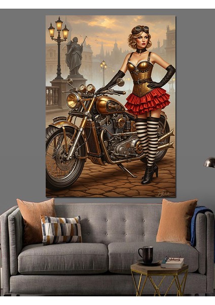 Motor Üstünde Seksi Kadın Dekoratif Kanvas - Mdf Ahşap Tablo