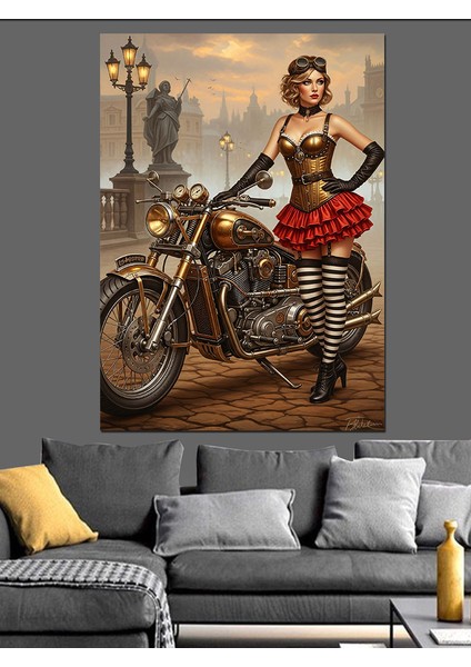 Motor Üstünde Seksi Kadın Dekoratif Kanvas - Mdf Ahşap Tablo fiyatları