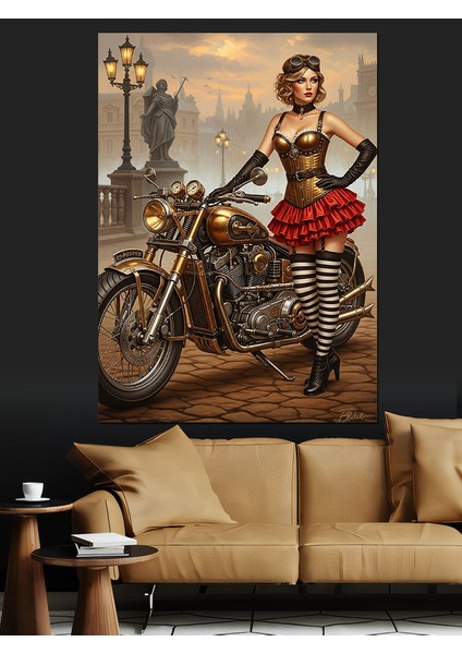 Motor Üstünde Seksi Kadın Dekoratif Kanvas - Mdf Ahşap Tablo fırsatları