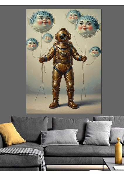 Antik Dalgıç Mekanik Adam Balon Balıkları Dekoratif Kanvas - Mdf Ahşap Tablo