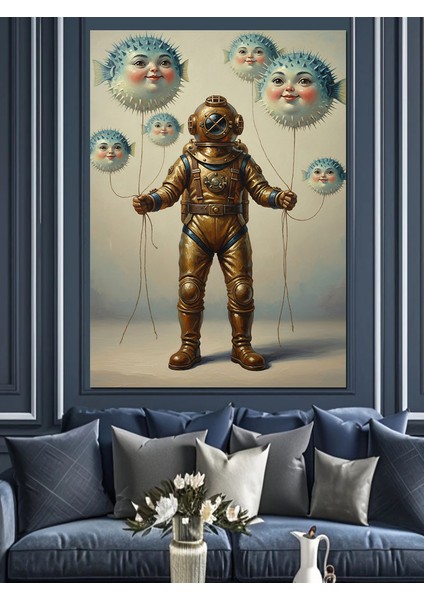 Antik Dalgıç Mekanik Adam Balon Balıkları Dekoratif Kanvas - Mdf Ahşap Tablo fiyatları