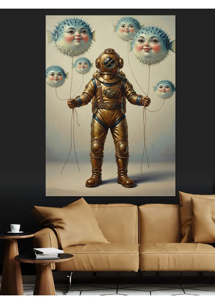 Antik Dalgıç Mekanik Adam Balon Balıkları Dekoratif Kanvas - Mdf Ahşap Tablo modelleri