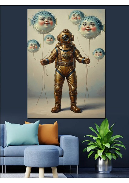 Antik Dalgıç Mekanik Adam Balon Balıkları Dekoratif Kanvas - Mdf Ahşap Tablo fırsatları