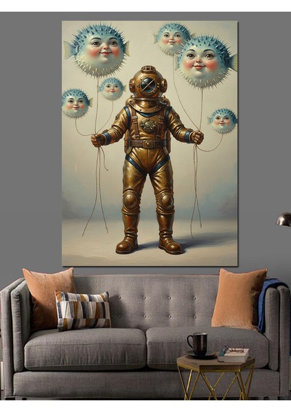 Antik Dalgıç Mekanik Adam Balon Balıkları Dekoratif Kanvas - Mdf Ahşap Tablo indirimleri