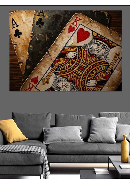 Eskitilmiş Iskambil Kağıtları Kupa Kralı Dekoratif Kanvas - Mdf Ahşap Tablo