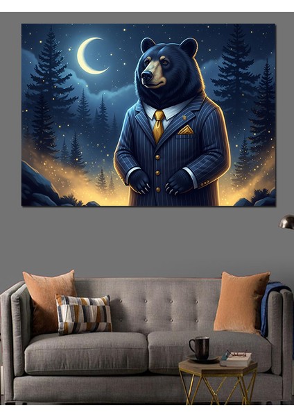 Gece Hilal Manzarasında Takım Elbiseli Ayı Dekoratif Kanvas - Mdf Ahşap Tablo