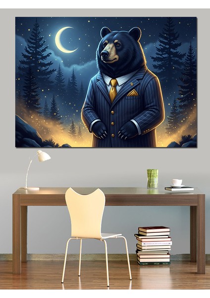 Gece Hilal Manzarasında Takım Elbiseli Ayı Dekoratif Kanvas - Mdf Ahşap Tablo fiyatları