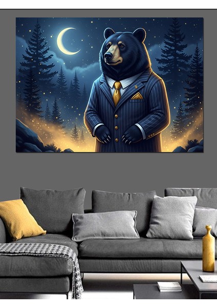 Gece Hilal Manzarasında Takım Elbiseli Ayı Dekoratif Kanvas - Mdf Ahşap Tablo modelleri