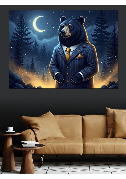 Gece Hilal Manzarasında Takım Elbiseli Ayı Dekoratif Kanvas - Mdf Ahşap Tablo fırsatları