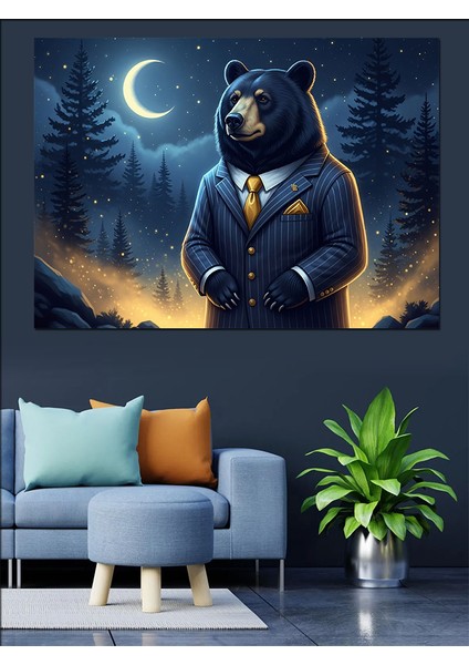 Gece Hilal Manzarasında Takım Elbiseli Ayı Dekoratif Kanvas - Mdf Ahşap Tablo indirimleri