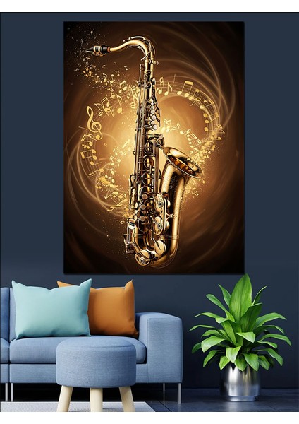 Altın Işıkta Parlayan Saksafon Dekoratif Kanvas - Mdf Ahşap Tablo fiyatları