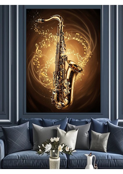 Altın Işıkta Parlayan Saksafon Dekoratif Kanvas - Mdf Ahşap Tablo fırsatları