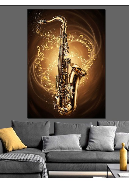 Altın Işıkta Parlayan Saksafon Dekoratif Kanvas - Mdf Ahşap Tablo indirimleri