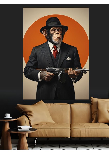 Şapkalı Klasik Erkek Goril Gangster Portresi Dekoratif Kanvas - Mdf Ahşap Tablo