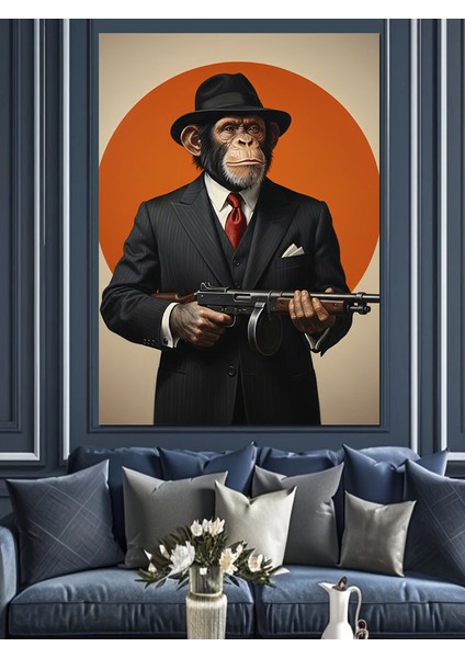 Şapkalı Klasik Erkek Goril Gangster Portresi Dekoratif Kanvas - Mdf Ahşap Tablo fiyatları