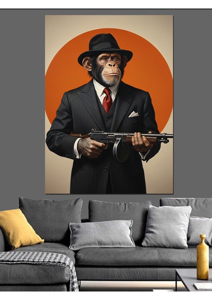 Şapkalı Klasik Erkek Goril Gangster Portresi Dekoratif Kanvas - Mdf Ahşap Tablo modelleri