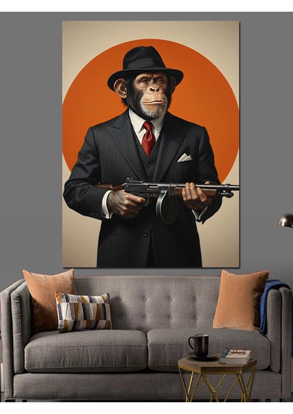 Şapkalı Klasik Erkek Goril Gangster Portresi Dekoratif Kanvas - Mdf Ahşap Tablo fırsatları