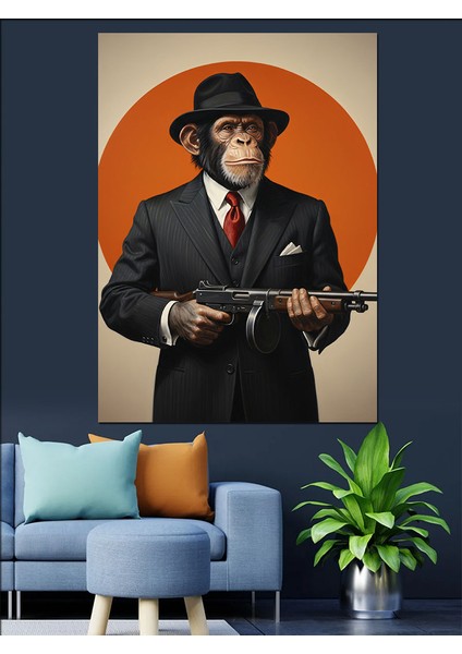 Şapkalı Klasik Erkek Goril Gangster Portresi Dekoratif Kanvas - Mdf Ahşap Tablo indirimleri