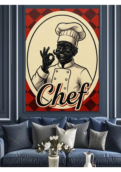 Şef Aşçı Bıyıklı Baret Dekoratif Kanvas - Mdf Ahşap Tablo