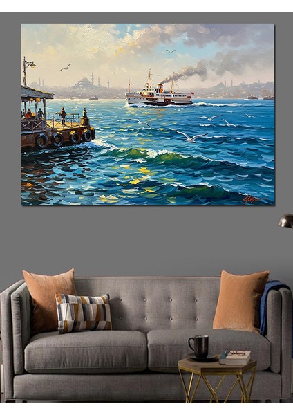 Güneşli Denizde Iskeleye Yanaşan Vapur Manzarası Dekoratif Kanvas - Mdf Ahşap Tablo fiyatları