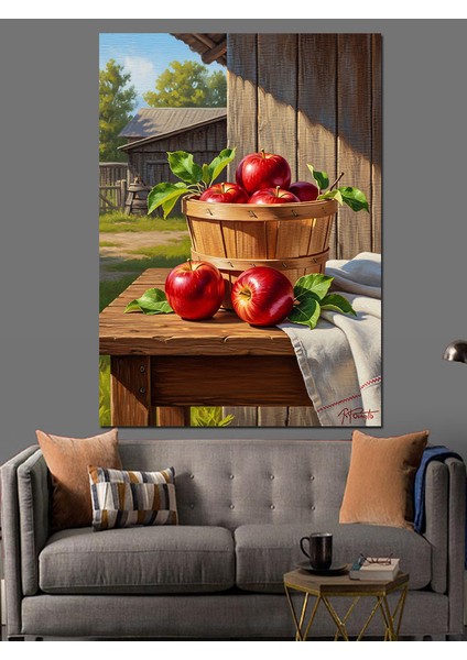 Sepet Elmalar Kırsal Manzara Dekoratif Kanvas - Mdf Ahşap Tablo