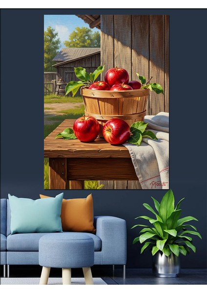 Sepet Elmalar Kırsal Manzara Dekoratif Kanvas - Mdf Ahşap Tablo fiyatları
