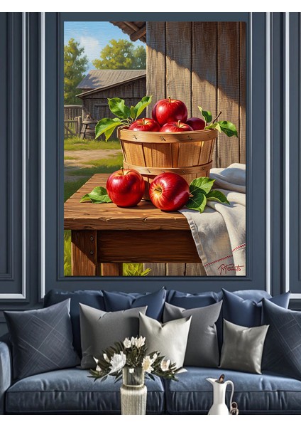 Sepet Elmalar Kırsal Manzara Dekoratif Kanvas - Mdf Ahşap Tablo fırsatları