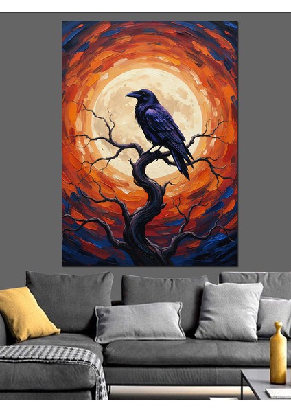 Dolunay Altında Karga Kuş Dekoratif Kanvas - Mdf Ahşap Tablo