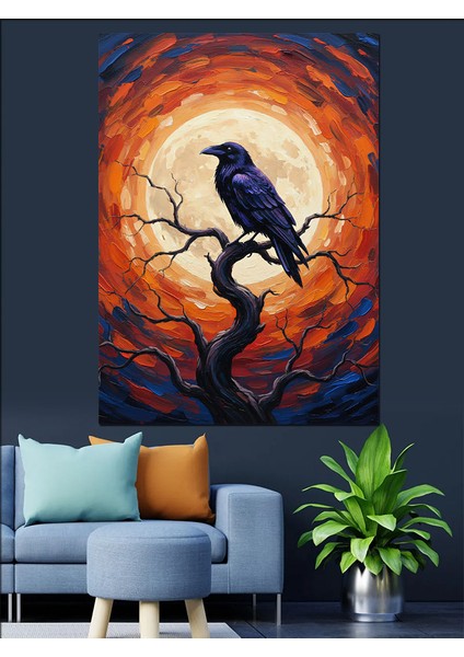 Dolunay Altında Karga Kuş Dekoratif Kanvas - Mdf Ahşap Tablo fırsatları