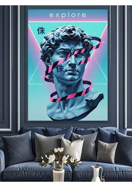 Mavi Neonlu Yunan Heykeli Dekoratif Kanvas - Mdf Ahşap Tablo