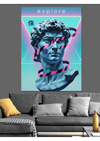 Mavi Neonlu Yunan Heykeli Dekoratif Kanvas - Mdf Ahşap Tablo fiyatları