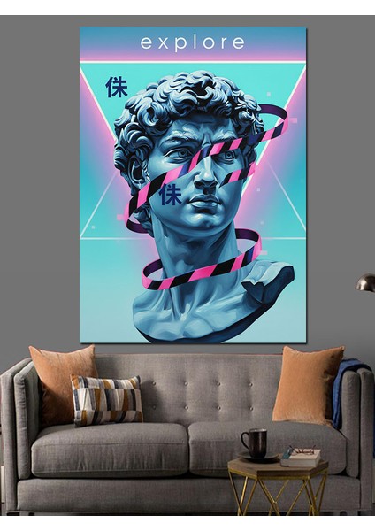 Mavi Neonlu Yunan Heykeli Dekoratif Kanvas - Mdf Ahşap Tablo modelleri