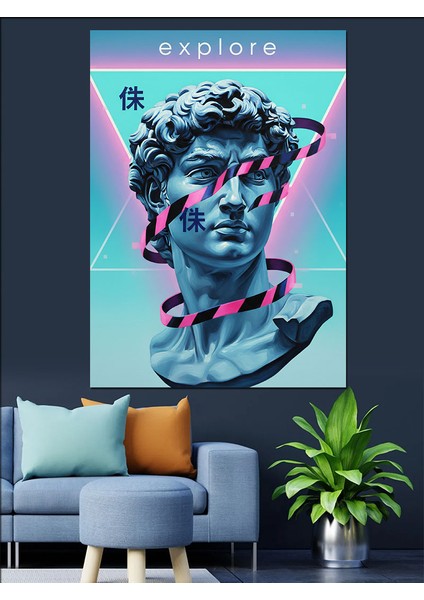 Mavi Neonlu Yunan Heykeli Dekoratif Kanvas - Mdf Ahşap Tablo fırsatları