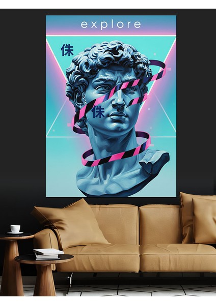 Mavi Neonlu Yunan Heykeli Dekoratif Kanvas - Mdf Ahşap Tablo indirimleri