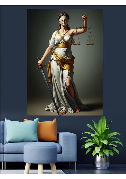Terazi Tutan Kadın Adalet Heykeli Dekoratif Kanvas - Mdf Ahşap Tablo